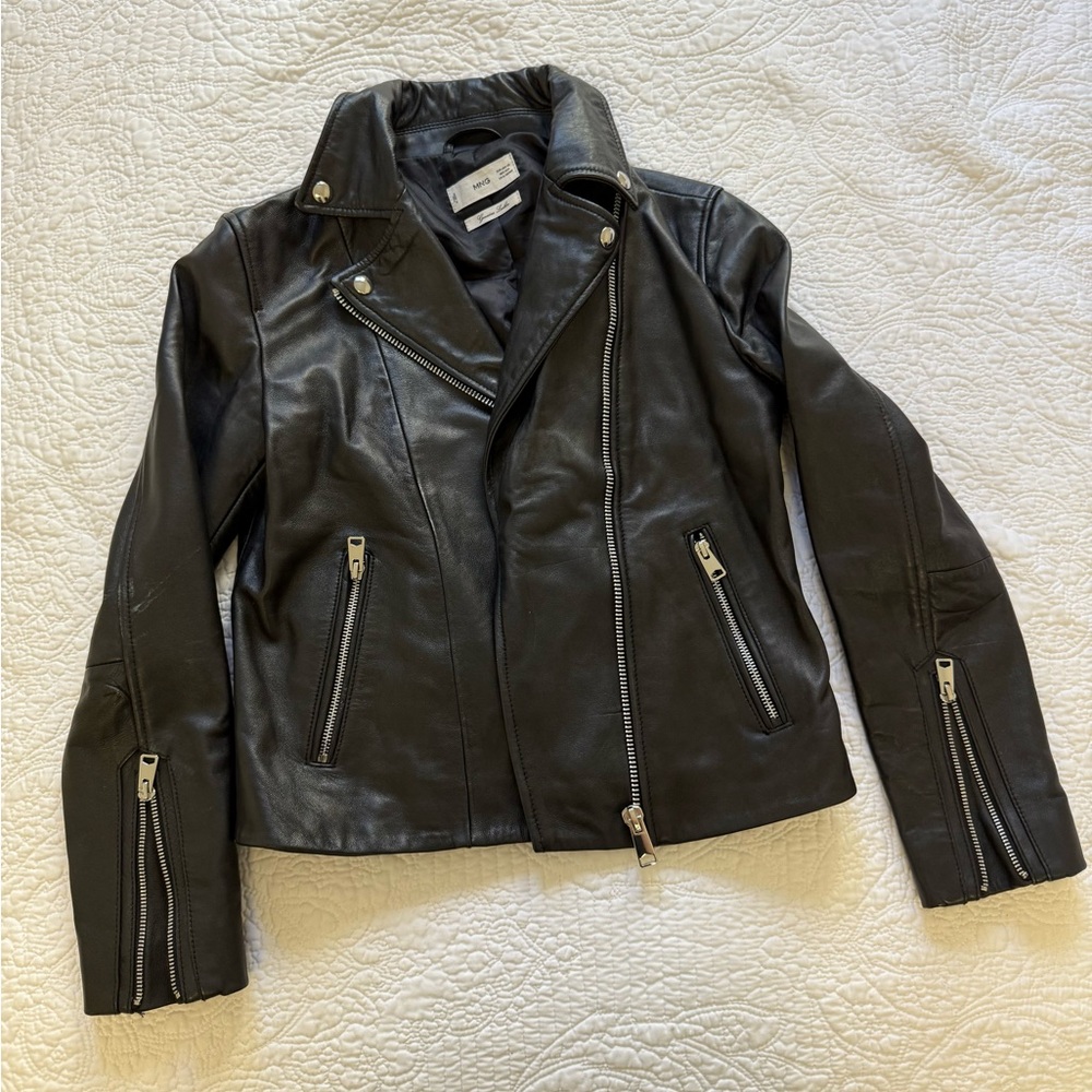 Mango Black Leather Motorcycle Jacket with Asymmetrical Zipper